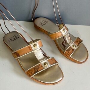 Alviero Martini 1a Classe Slide Size 37 Geo Map Gold Leather sandals Italy